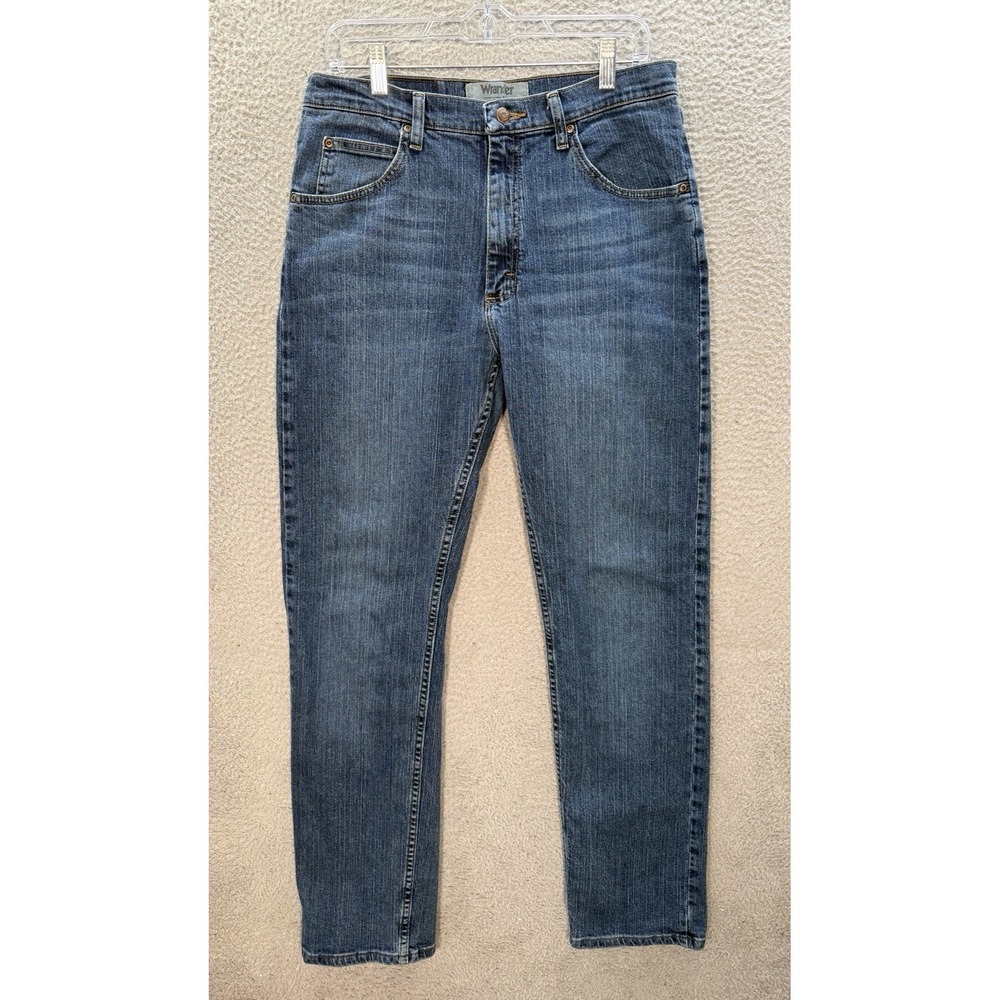 Wrangler Jeans Mens 32x35 Blue Straight Stretch‎ Distressed Denim Workwear Chore